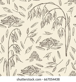 Seamless pattern with oats: grain and oats plant. Vector hand drawn illustration