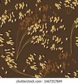 Seamless pattern of Oats spikelet and branches. Ripe oat grains and stems on brown background. Cereal theme. Vector vintage illustration for the bakery shop or menu. Cereal theme.