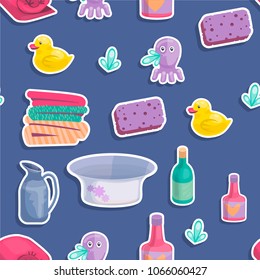 Seamless a pattern objects for bathing. Set for washing of a towel, toys, bathtubs, sponge, shampoo. The vector image is isolated.