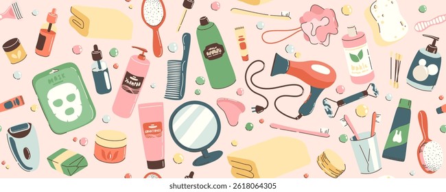 Seamless pattern with objects and cosmetics for the bathroom. Daily self care accessories and hygiene with massage, hygiene, spa products. Horizontal banner, background