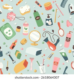 Seamless pattern with objects and cosmetics for the bathroom. Daily self care accessories and hygiene with massage, hygiene, spa products. Banner, background