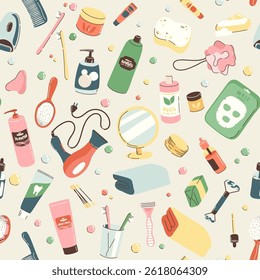 Seamless pattern with objects and cosmetics for the bathroom. Daily self care accessories and hygiene with massage, hygiene, spa products. Banner, background
