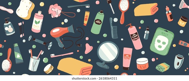 Seamless pattern with objects and cosmetics for the bathroom. Daily self care accessories and hygiene with massage, hygiene, spa products. Horizontal banner, dark background