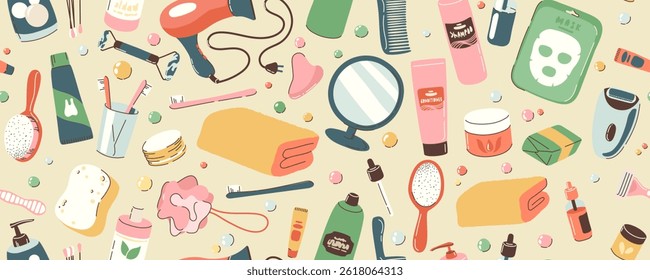 Seamless pattern with objects and cosmetics for the bathroom. Daily self care accessories and hygiene with massage, hygiene, spa products. Horizontal banner, background