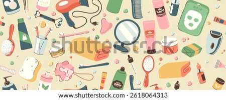 Seamless pattern with objects and cosmetics for the bathroom. Daily self care accessories and hygiene with massage, hygiene, spa products. Horizontal banner, background