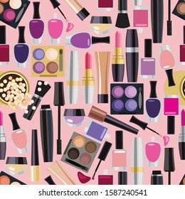 seamless pattern of objects of decorative cosmetics on a pink background. objects from simple geometric shapes. the flat pattern. vector illustration.EPS 10.