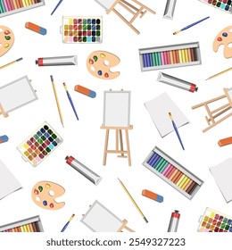 Seamless pattern of objects for drawing paints,brushes,pencils,eraser,sketchbook,paper,palette on a white background.Vector pattern for textiles,paper,creative designs.
