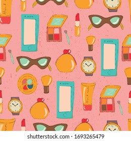 Seamless pattern with objects of a girl bag.