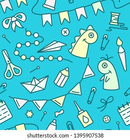 Seamless pattern with objects for kids creative activity. Suitable for wallpaper, wrapping or textile