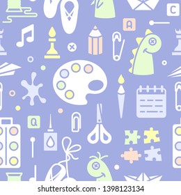 Seamless pattern with objects for kids creative lessons in flat style