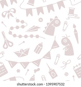Seamless pattern with objects for kids handmade creative activity. Suitable for wallpaper, wrapping or textile