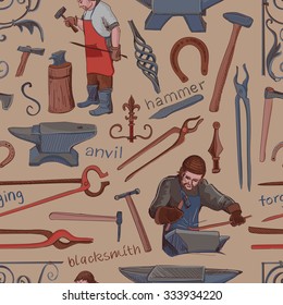 Seamless pattern with objects on blacksmith theme with horseshoe, sledgehammer, vise, oven for your design