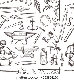 Seamless pattern with objects on blacksmith theme with horseshoe, sledgehammer, vise, oven for your design