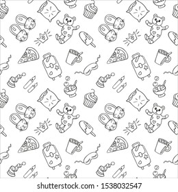 Seamless pattern of objects for pajama, sleepover or slumber party in doodle style. Hand drawn black outline isolated on a white background. For your design. Vector illustration.
