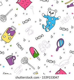 Seamless pattern of objects for pajama, sleepover or slumber party in doodle style. Hand drawn painted objects and outline isolated on a white background. Vector illustration for your design.