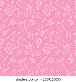 Seamless pattern of objects for pajama, sleepover or slumber party in doodle style. Hand drawn white outline on a pink background. Vector illustration for your design.