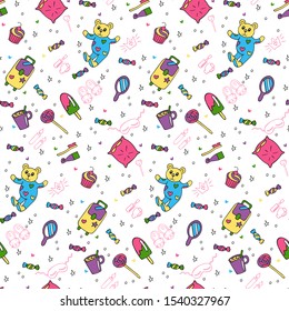 Seamless pattern of objects for pajama, sleepover or slumber party in doodle style. Hand drawn painted objects and outline isolated on a white background. Vector illustration for your design.