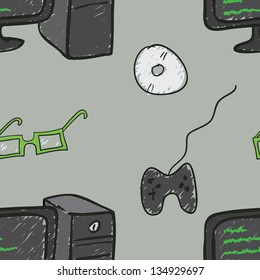 A seamless pattern of objects related to computers, video games and nerds or geeks.