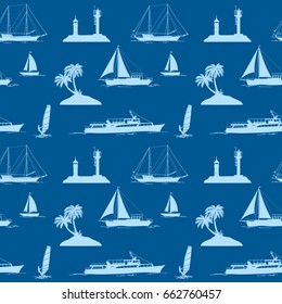 Seamless Pattern, Objects Related to Sea and Ocean, Islands with Palms Trees, Ships, Lighthouse, Sportsman Surfer, Silhouettes on Tile Background. Vector