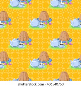 Seamless pattern with objects for tea. Kettle, teapot, cup, candy.