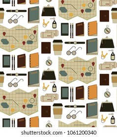 A seamless pattern of objects for travel, recreation, business trip, trekking, plein air. Notebook, documents, tickets, passport, coffee, phone, map, keys, watch, compass, sunglasses, purse. Vector