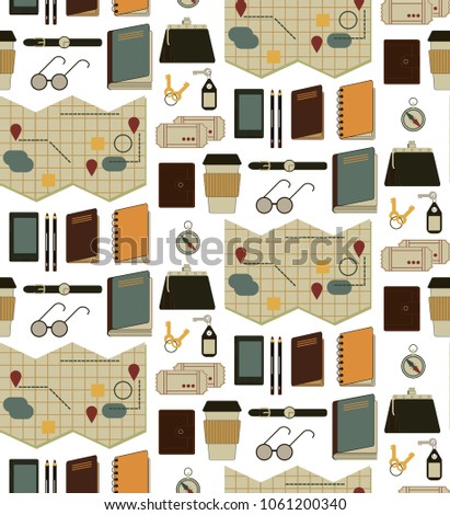 A seamless pattern of objects for travel, recreation, business trip, trekking, plein air. Notebook, documents, tickets, passport, coffee, phone, map, keys, watch, compass, sunglasses, purse. Vector