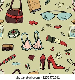 Seamless pattern of objects for women in vintage style