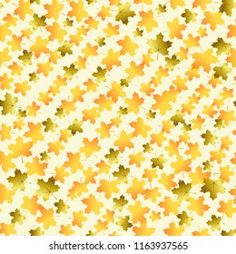 Seamless pattern with oblique lines of orange and golden maple leaves on beige background for wrapping paper, textile, decoupage, scrapbooking, decoration, packaging, cover, fabric, flower shop