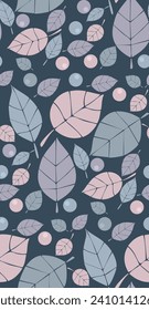 Seamless pattern with obscure leaves and abstract drops, on dark background. Elegant pattent for interior use or textile design