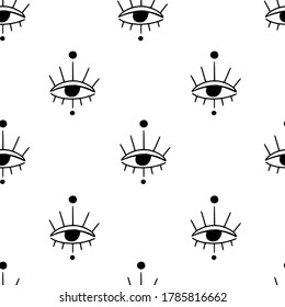 Seamless pattern with occult mystic eyes. Vector magic texture. Boho abstract monochrome background. Hand drawn outline texture for fabric, textile, paper. Line art. Esoteric simple minimalist design