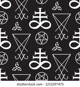 Seamless pattern with occult symbols Leviathan Cross, pentagram, Lucifer sigil and 666 the number of the beast hand drawn black and white isolated vector illustration paper or fabric print design