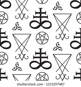 Seamless pattern with occult symbols Leviathan Cross, pentagram, Lucifer sigil and 666 the number of the beast hand drawn black and white isolated vector illustration paper or fabric print design