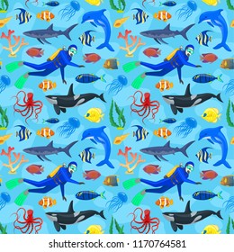 Seamless pattern with ocean animals and diver on blue background.