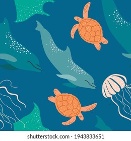 Seamless pattern with ocean animals like dolphins, turtle, jellyfish and manta ray