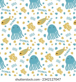 Seamless pattern ocean animals octopus fish and the inscription ocean on a white background. Vector graphics banner template.EPS10