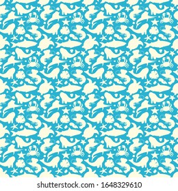 Seamless pattern with ocean animals and seaweed in cartoon isolated on blue background.Simple silhouette.Vector illustration.Marlin fish, turtle, shrimp, shark, whale, crab. Menu restaurant, textile, print.