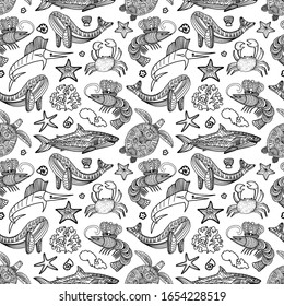 Seamless pattern with ocean animals and seaweed in doodle style isolated on white background. Vector outline illustration. Marlin fish,turtle, shrimp,shark,whale,crab. Menu restaurant, cafe. Textile.
