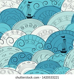 Seamless pattern with ocean. Boat trip on the sea, ocean. Vector background for fabric, textile, wallpaper, posters, gift wrapping paper, napkins, tablecloths, pajamas. Print for kids, baby, children
