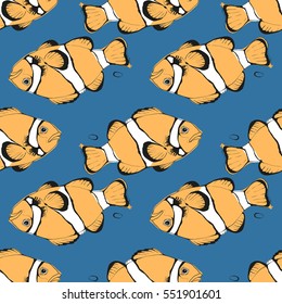 Seamless pattern with ocean fish amphiprion on blue background. Vector illustration