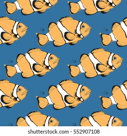 Seamless pattern with ocean fish amphiprion on blue background. Vector illustration