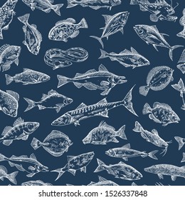 Seamless pattern with ocean fish sketches or river underwater animals, sea fauna or saltwater icons. Tile with hand drawn haddock and pike, eel and tilapia, monkfish and fluke. Seafood, nautical