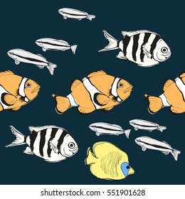 Seamless pattern with ocean fishes on blue background. Vector illustration