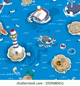 Seamless pattern with ocean, islands, lighthouse, seagulls, monsters in full colors. Vector illustration.