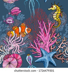 Seamless pattern with ocean marine life, clown fish in anemones, vector illustration