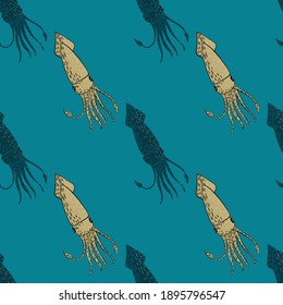 Seamless pattern in ocean minimalistic style with doodle squids and blue background. Perfect for wallpaper, textile, wrapping paper, fabric print. Vector illustration.