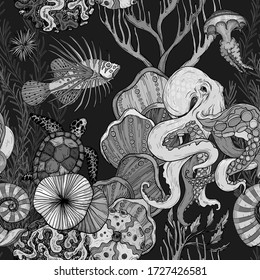 Seamless pattern with ocean night life. Black and white, vector illustration