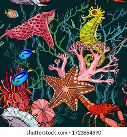 Seamless pattern with ocean night with marine life, vector illustration