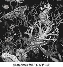 Seamless pattern with ocean night with marine life, Black and white monochrome, vector illustration