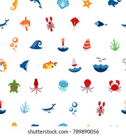 Seamless pattern ocean or sea with with animals and fish, shellfish and seashells. marine icon. use for the interface in the application.