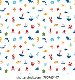 Seamless pattern ocean or sea with with animals and fish, shellfish and seashells. marine icon. use for the interface in the application.